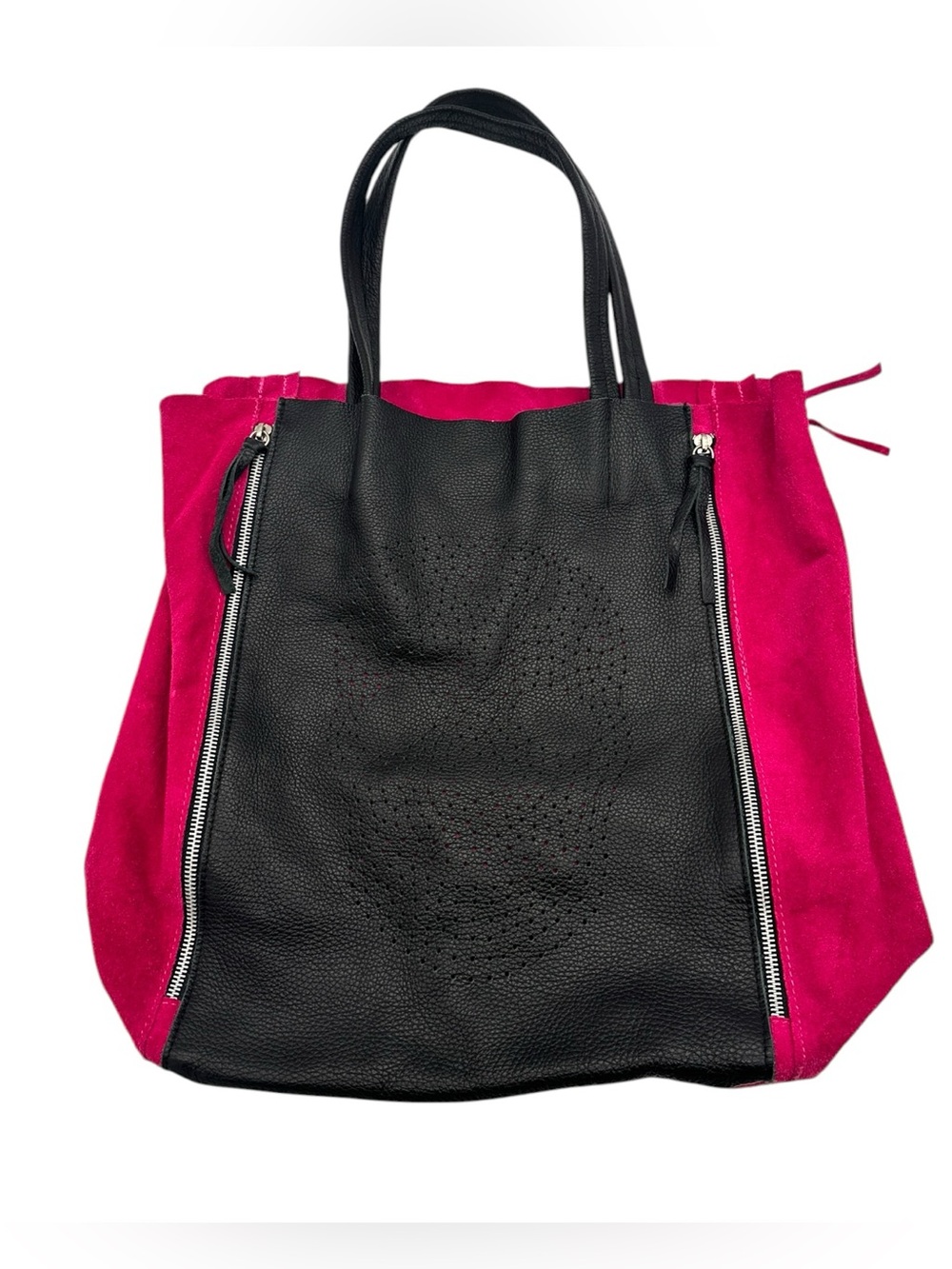 SKULL Tote Bag Italian Made Hot Pink Suede & Black Leather Purse with Pouch RARE